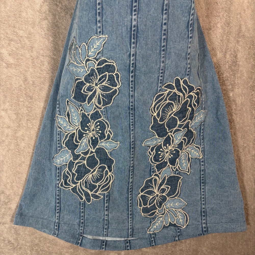 Maeve Anthropologie Blue Denim Halter Dress Floral Embroidered Smocked XL Boho - Picture 5 of 16